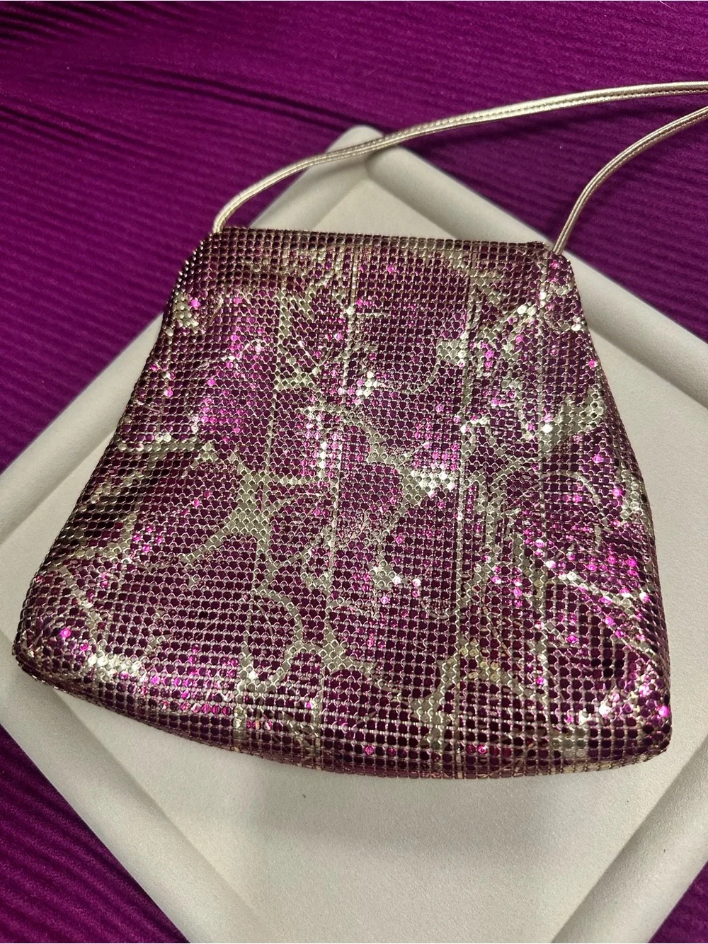Whiting & Davis Pink and Gold Mesh Evening Shoulder Bag